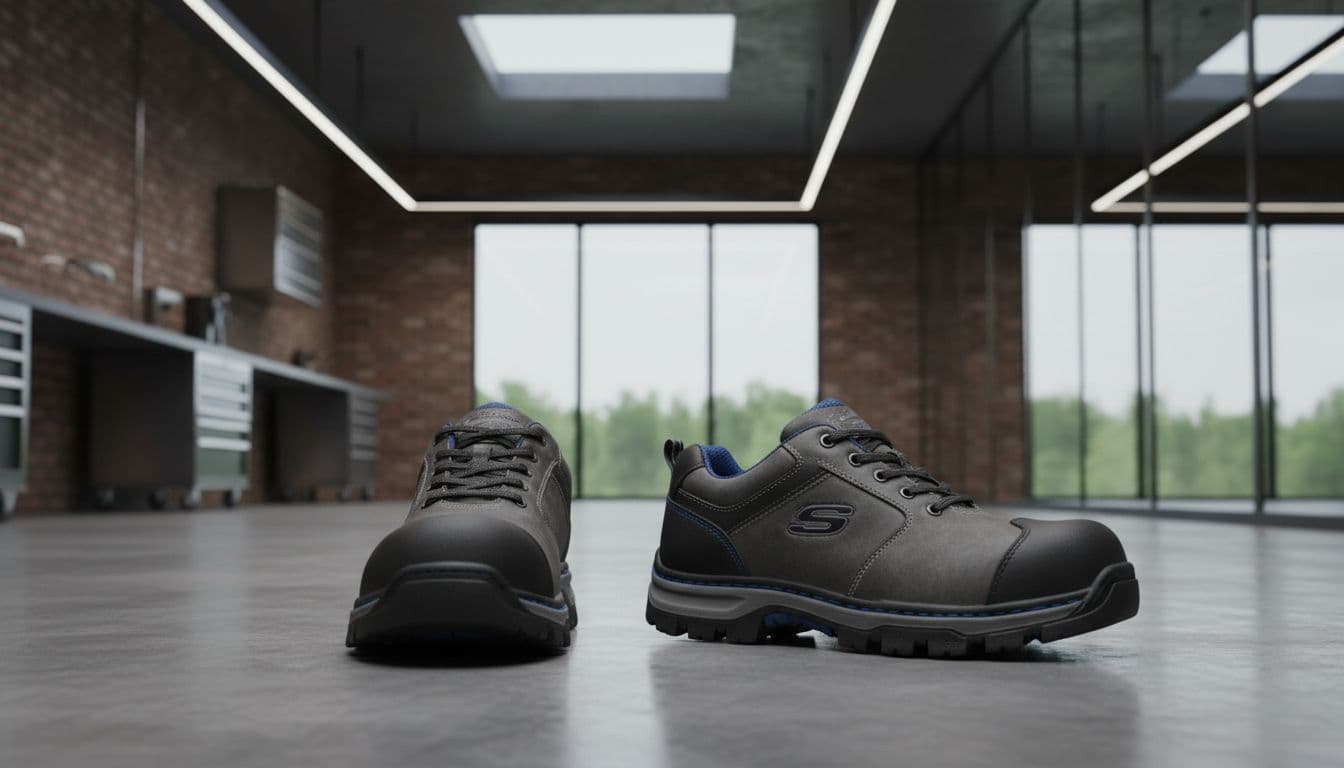 Two pairs of dark Skechers work shoes with reinforced toes, slip-resistant soles, and blue accents on smooth concrete in a luxury workshop.
