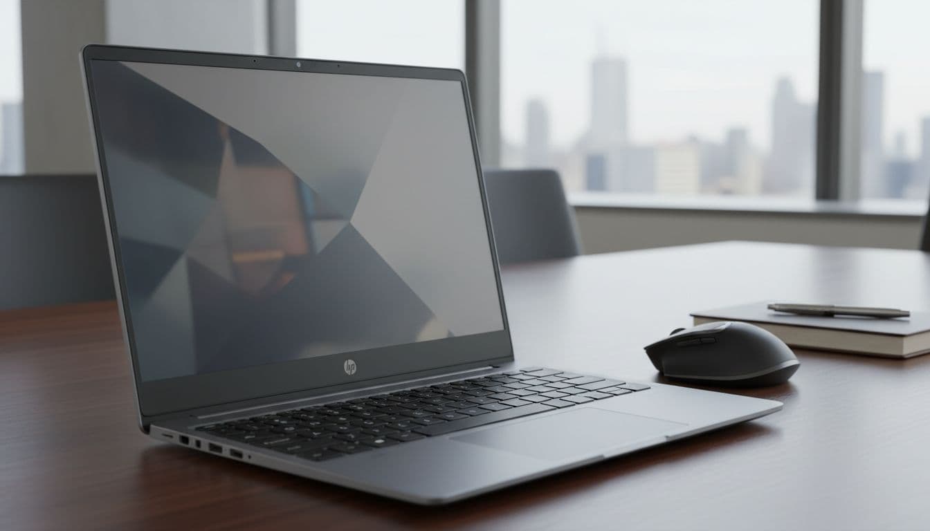 Close-up of a sleek modern HP laptop open on a conference table during a video call, with blurred video conference interface on screen, webcam light on, and nearby mouse and notebook in a professional office setting with natural light.