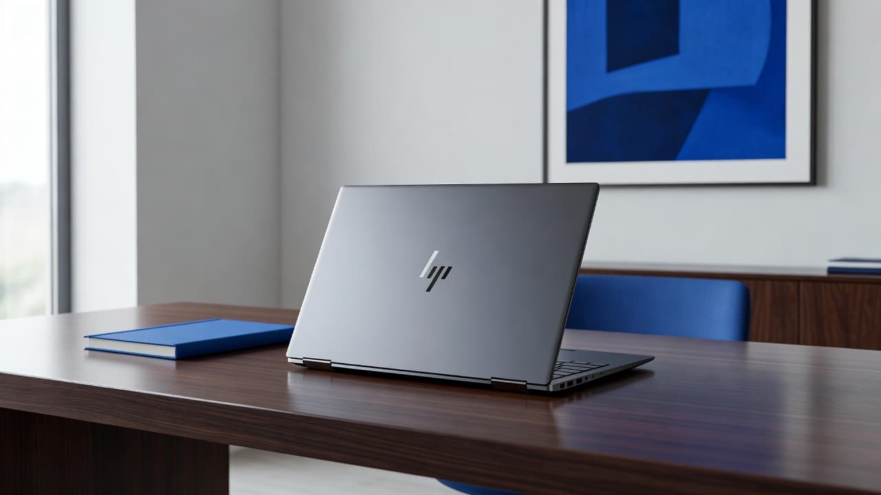 A premium metallic laptop sits on a dark mahogany desk within a minimalist office. Vibrant blue accents from a nearby notebook contrast with soft sunlight filtering through the large window.