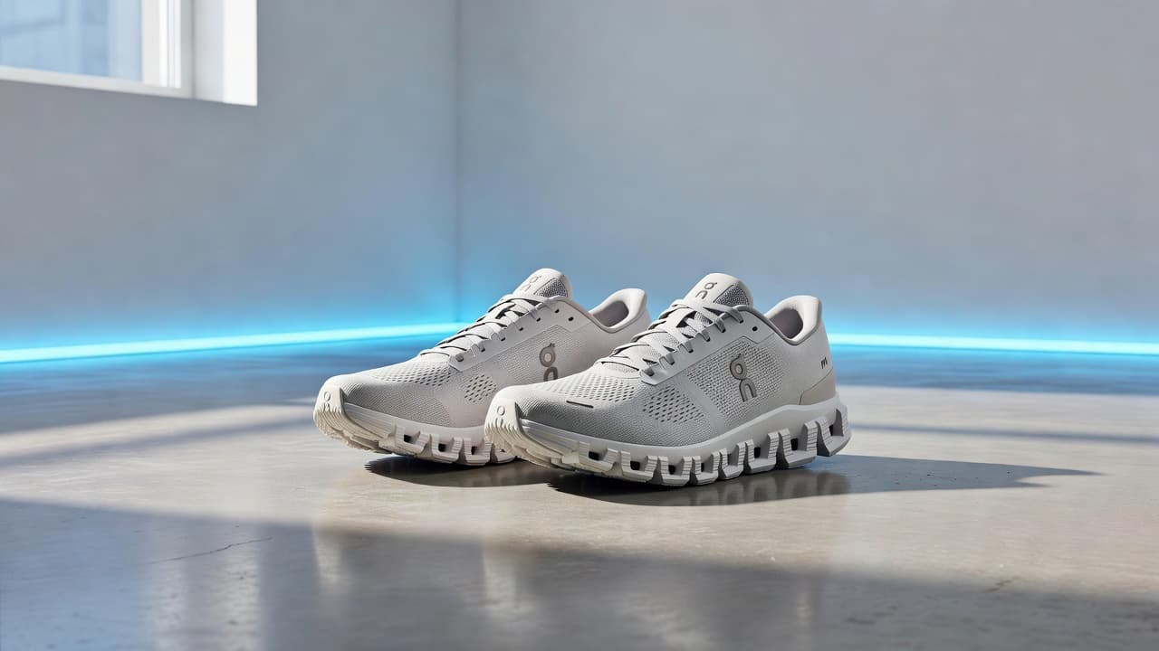 On Cloud Review: Running, Walking and Daily Wear 1 Modern running shoes with segmented hollow soles sitting on a plain concrete studio floor.