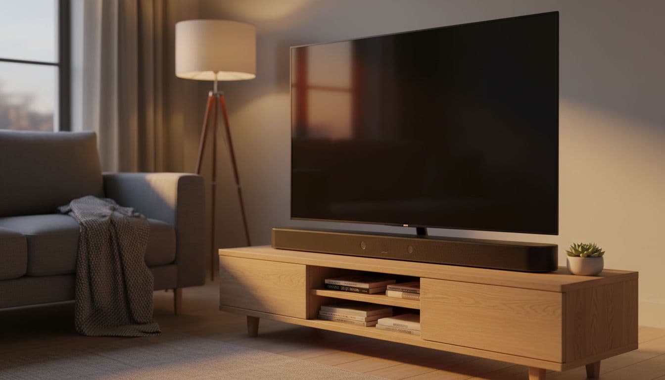 Slim black soundbar positioned directly under a large flat-screen TV on a low wooden media stand in a cozy modern living room with warm ambient evening lighting, emphasizing clean setup and perfect fit.