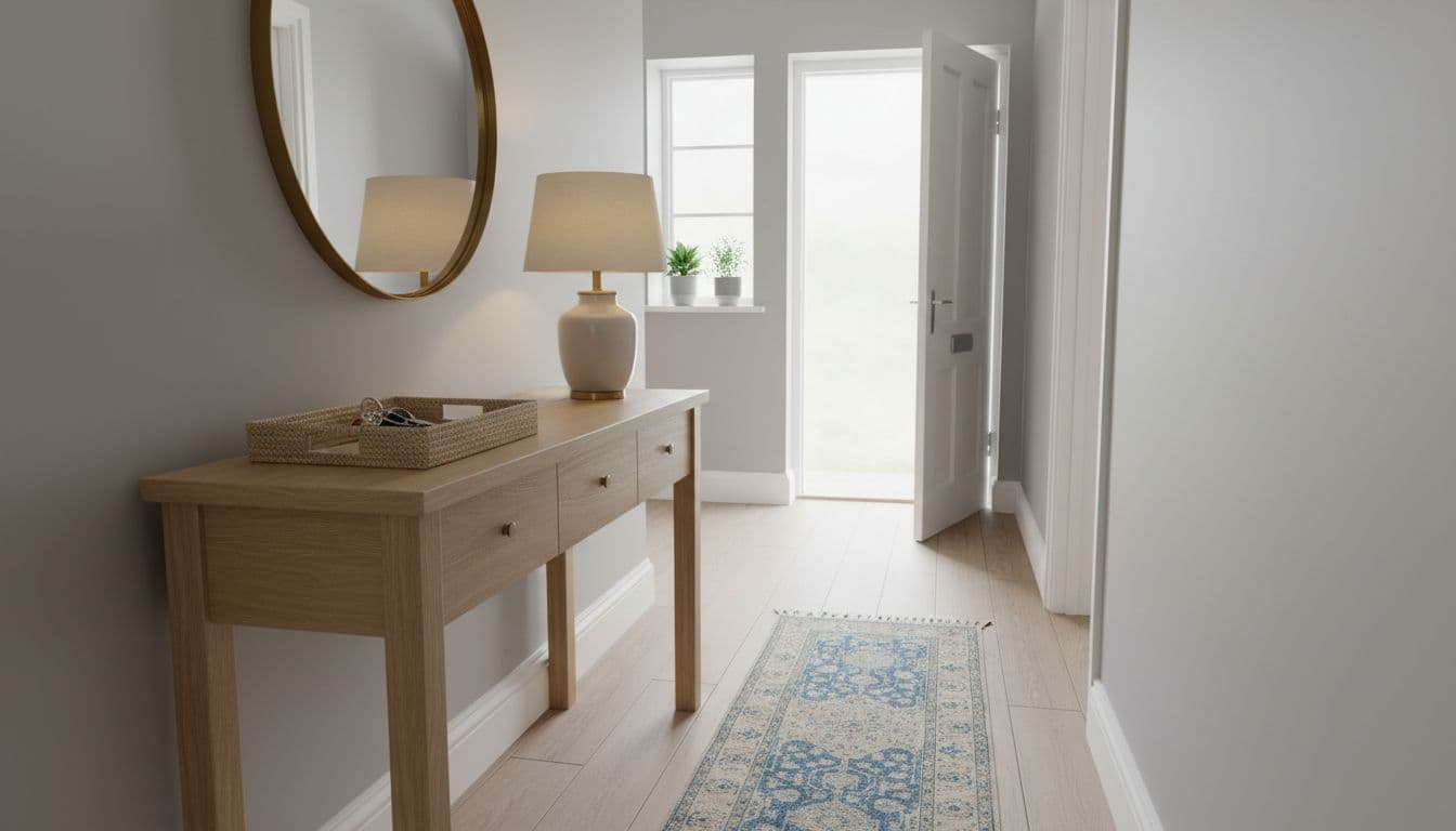 Slim wooden console table with drawers in a narrow UK hallway, mirror above, tray with keys and lamp on top, realistic home setting with natural daylight.