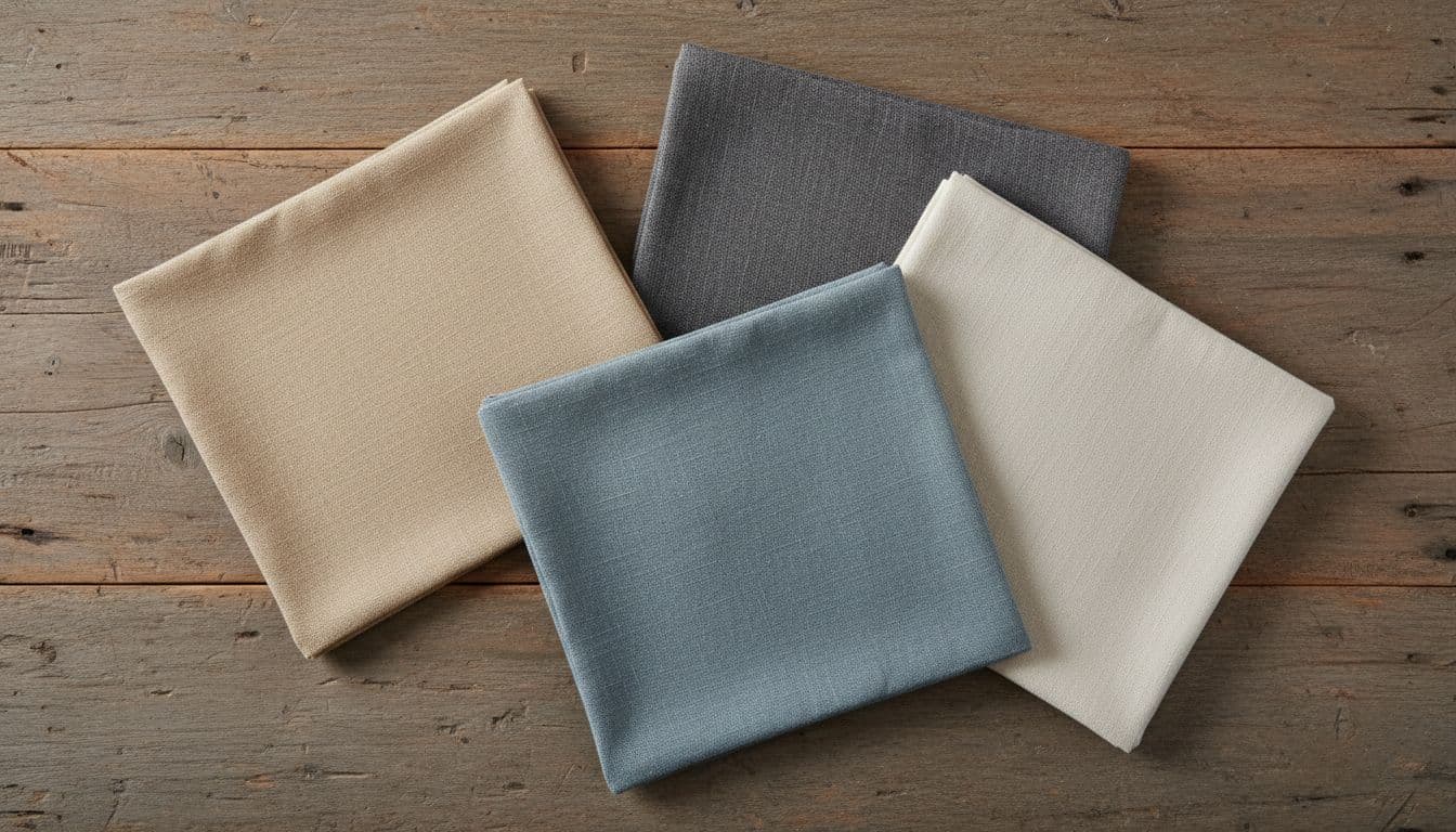 Top-down close-up of slipcover fabric swatches in neutral tones on wooden table.