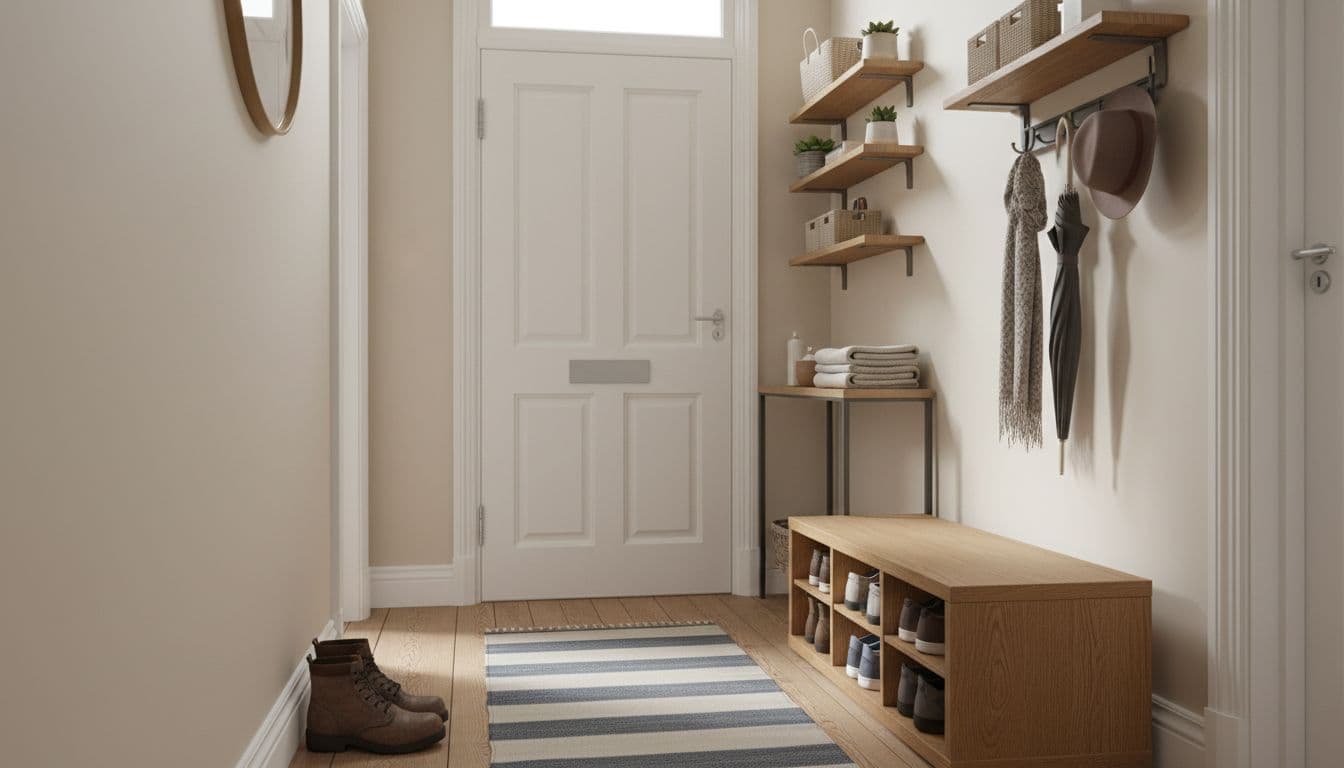 Small 1930s UK hallway with shoe bench, over-door hooks and wall shelves