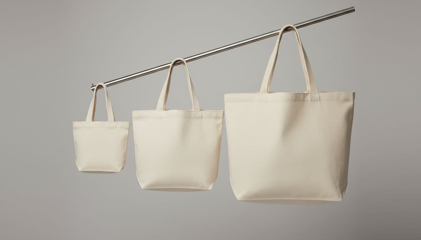 Small, medium, and large tote bags hang side by side on a clothing rail against a plain grey background.