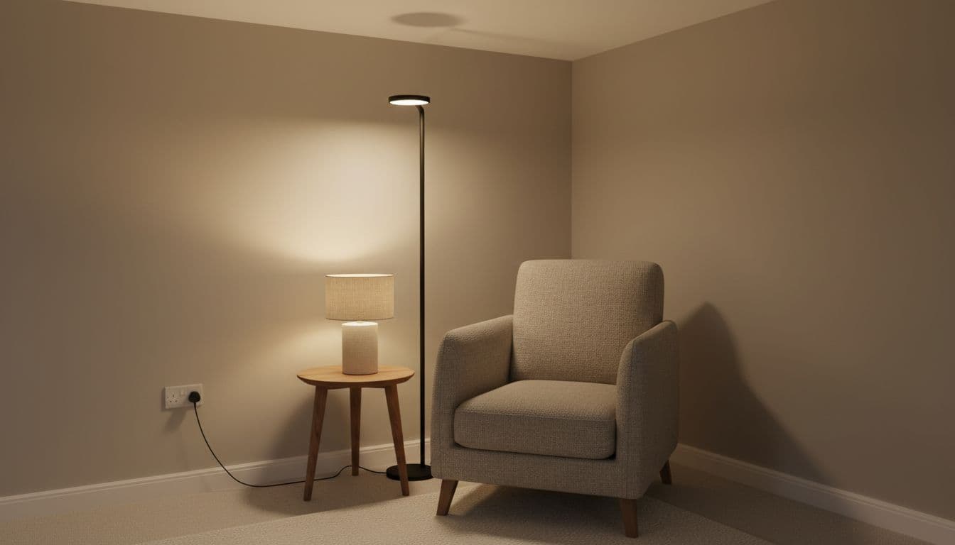 Close-up realistic 3D view of a dark corner in a small UK new-build flat living room brightened by a tall plug-in floor lamp and smart bulb table lamp, featuring low ceiling, narrow space, warm 2800K light, cosy neutral tones, and visible UK socket.