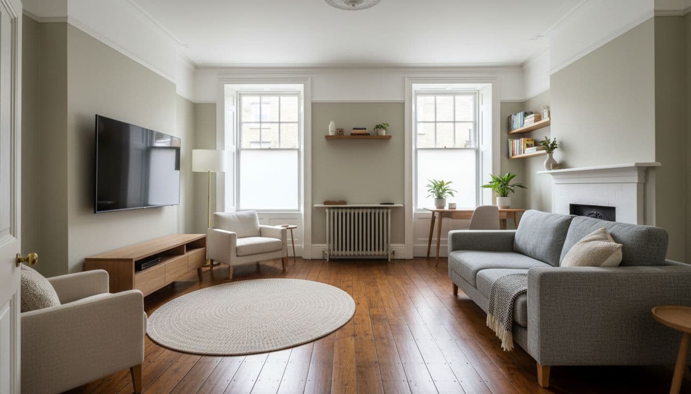 Small UK through lounge with TV area at one end and desk at the other