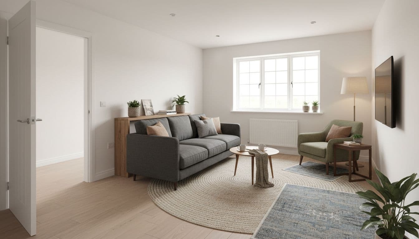 Eye-level view of a small new-build UK living room with a floating sofa and console table behind