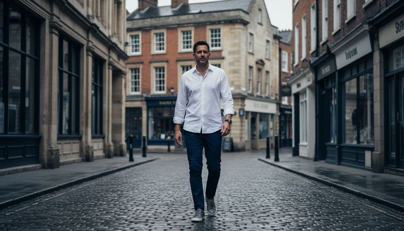 Man in navy chinos, untucked white shirt, grey trainers walks alone on UK urban street.