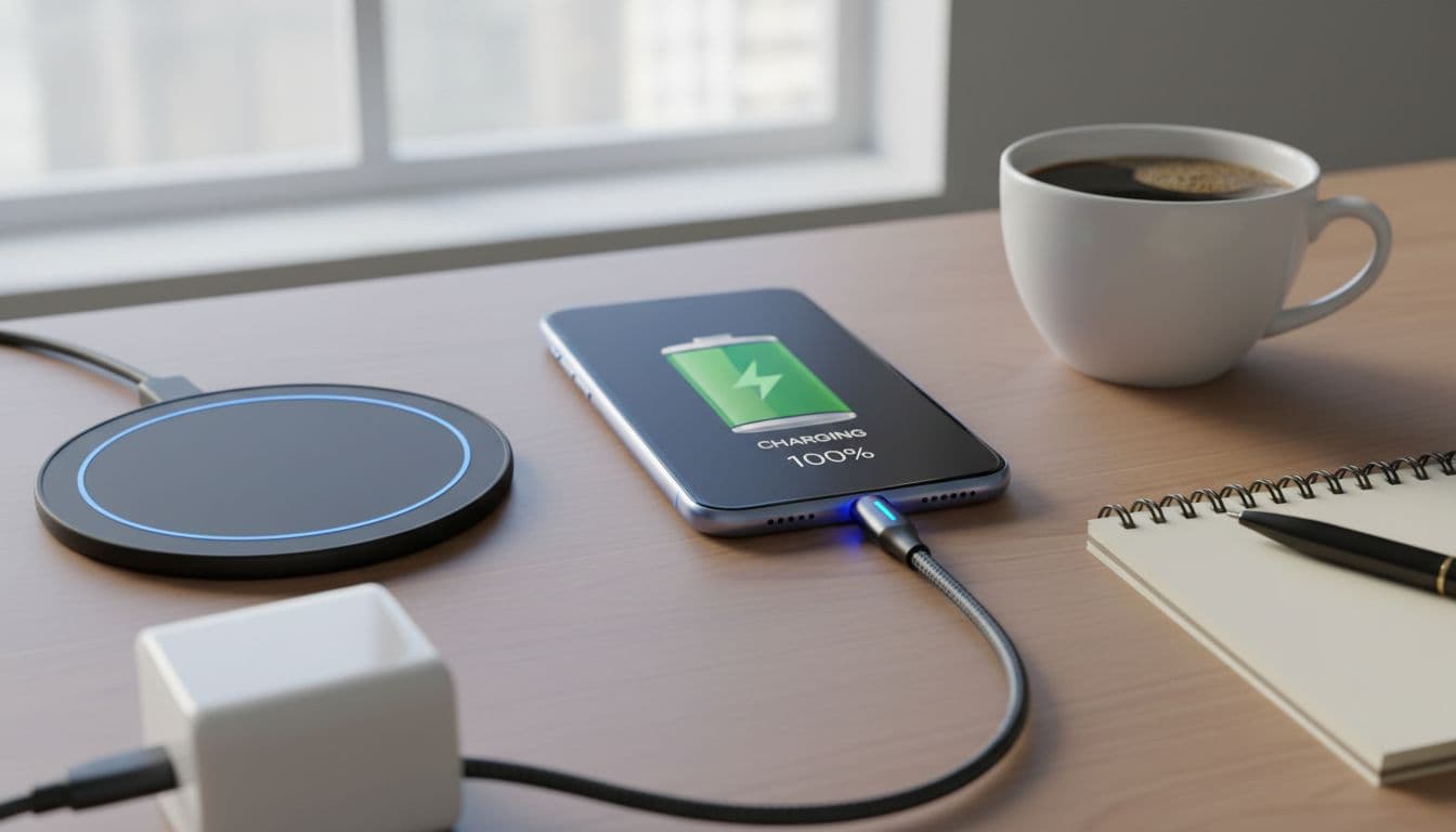 Close-up of a smartphone screen displaying a full battery icon and charging status, with a fast charger cable plugged in and wireless charger pad nearby. The phone rests on a desk beside a cup of coffee and notebook under soft indoor lighting.