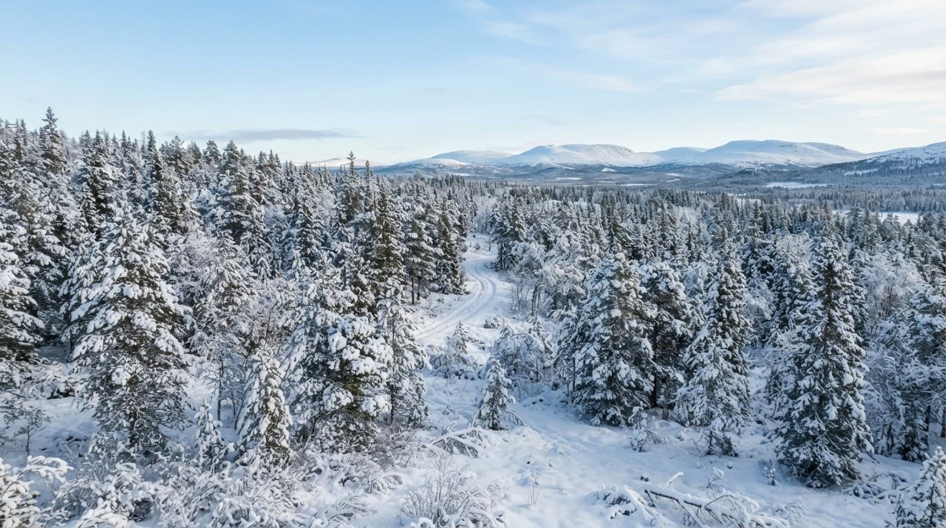Sweden Travel Guide for UK Breaks and Longer Trips 2 A tranquil winter forest in Swedish Lapland with snow-covered pine trees under a clear sky.