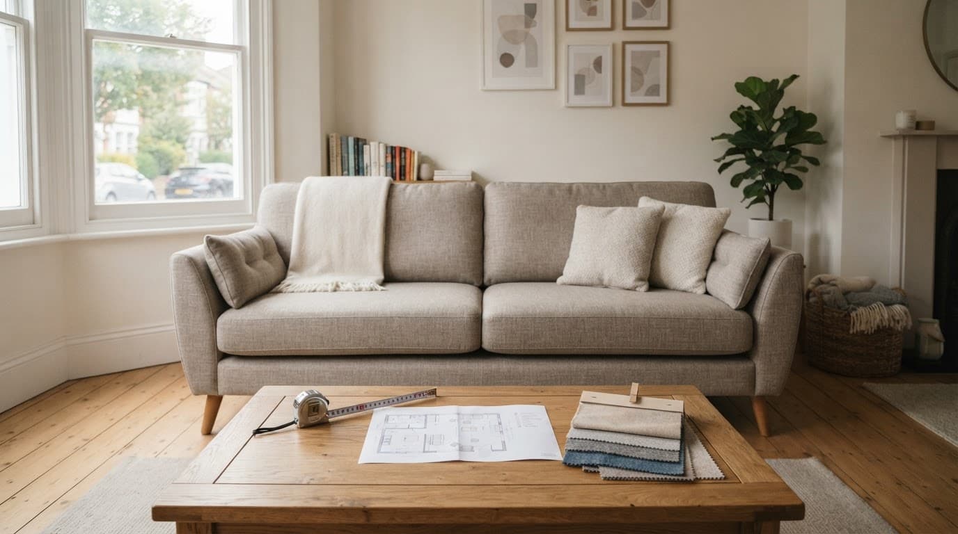 Three-seater sofa with measuring tools and fabric samples on a coffee table.