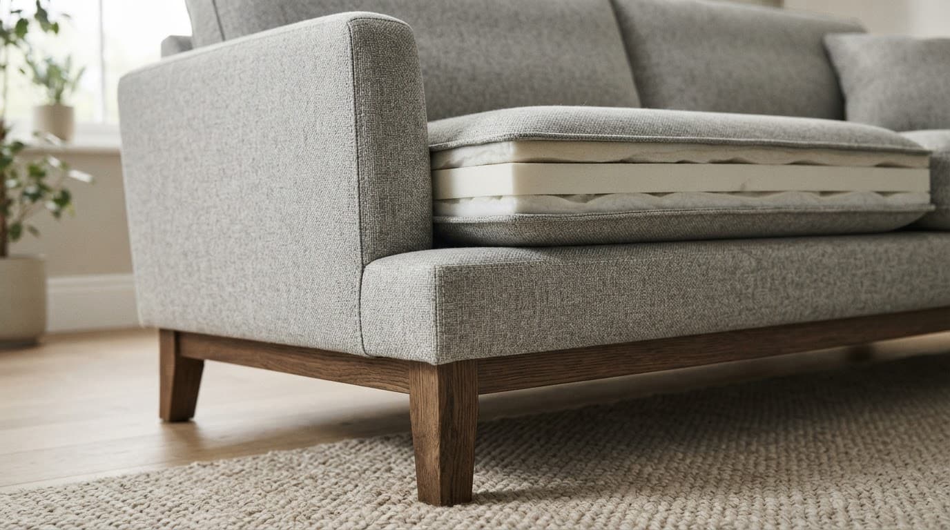Close-up of a sofa showing textured fabric, stitched seams, cushion layers, and wooden legs.