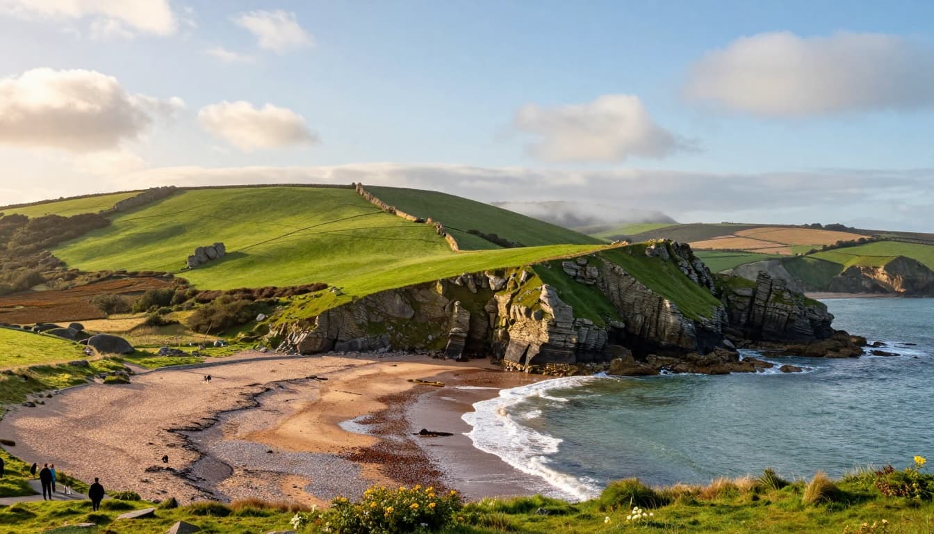A panoramic view of Somerset's diverse UK landscapes, featuring sandy beaches, pebbly shores, dramatic cliffs, rolling Mendip Hills with limestone outcrops and wildflowers, misty moors, and wetlands under a partly cloudy golden hour sky, with walkers on a coastal path.
