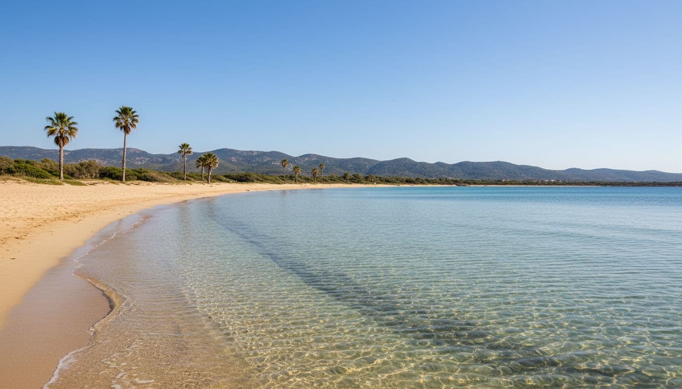 Expansive sandy beach on the south coast of Sardinia with calm shallow turquoise waters, gentle ripples, scattered palm trees, and low green hills in the background under bright midday sun.