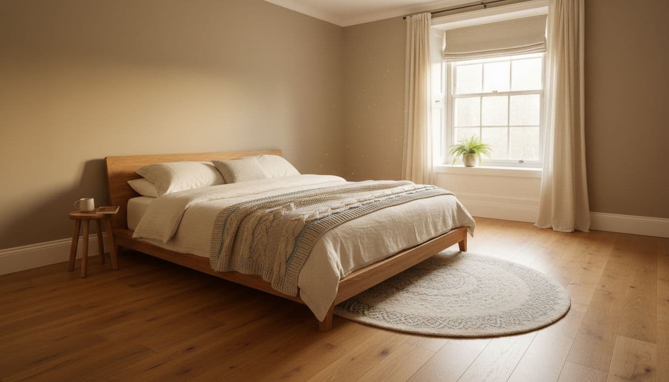 Cosy UK bedroom interior with a king size mattress on a low wooden bed frame and generous floor space for easy walking. Soft natural light from the window in realistic photography style with warm tones, no people or extra furniture.