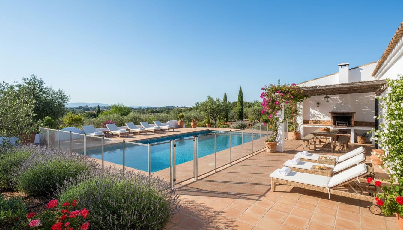Photorealistic landscape of a spacious outdoor area in a Spanish holiday villa, featuring a private rectangular pool with safety fence, sun loungers under shaded pergola, barbecue area, wooden dining table on tiled terrace, and Mediterranean garden with flowers on a bright sunny day, no people present.