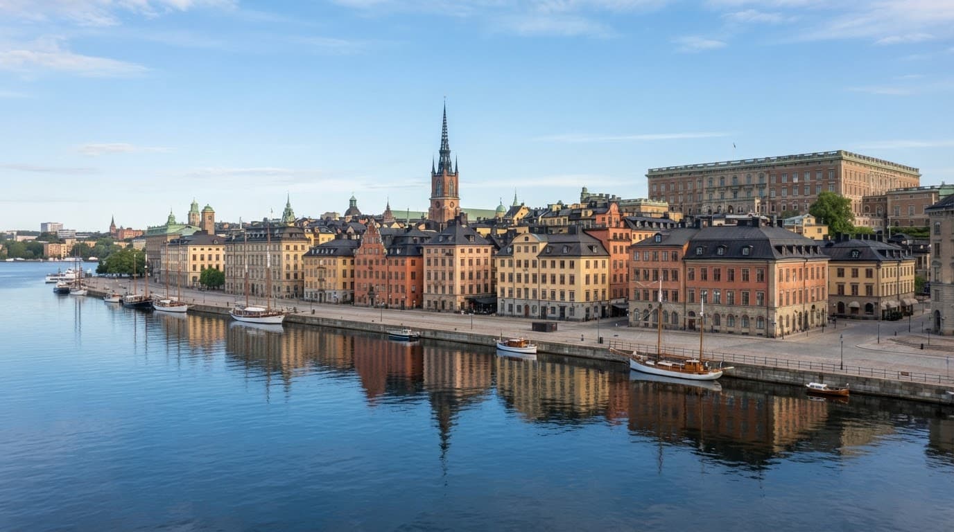 Sweden Travel Guide for UK Breaks and Longer Trips 1 Colorful historic buildings along the Stockholm waterfront reflecting in calm blue water.