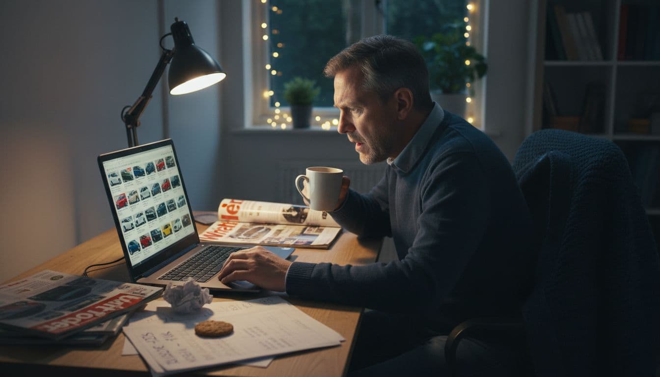 Stressed British man searching used cars on a laptop in a home office