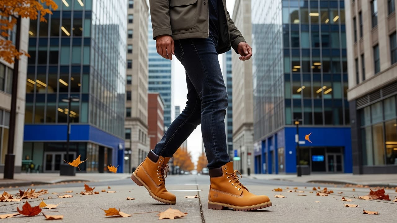A person wears tan leather boots and denim jeans while walking along a paved city sidewalk. Rich blue architectural details background the scene under the soft light of an autumn day.