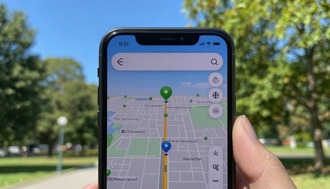 Smartphone with a large bright screen displaying an outdoor navigation map under direct sunlight, held in hand against a blue sky and trees. The screen exhibits high brightness, clear visibility, and subtle light reflections on protective glass in a natural park setting.