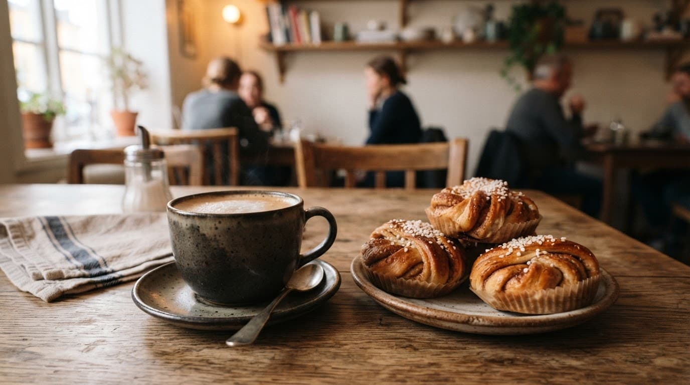 Sweden Travel Guide for UK Breaks and Longer Trips 3 Swedish cinnamon buns and a cup of coffee on a wooden table.