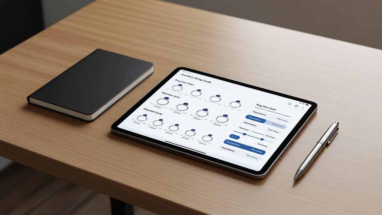 A sleek digital tablet displaying ring sizing measurement tools rests on a polished wooden desk. Beside it, a leather notebook and an open fountain pen suggest careful research before buying jewelry.