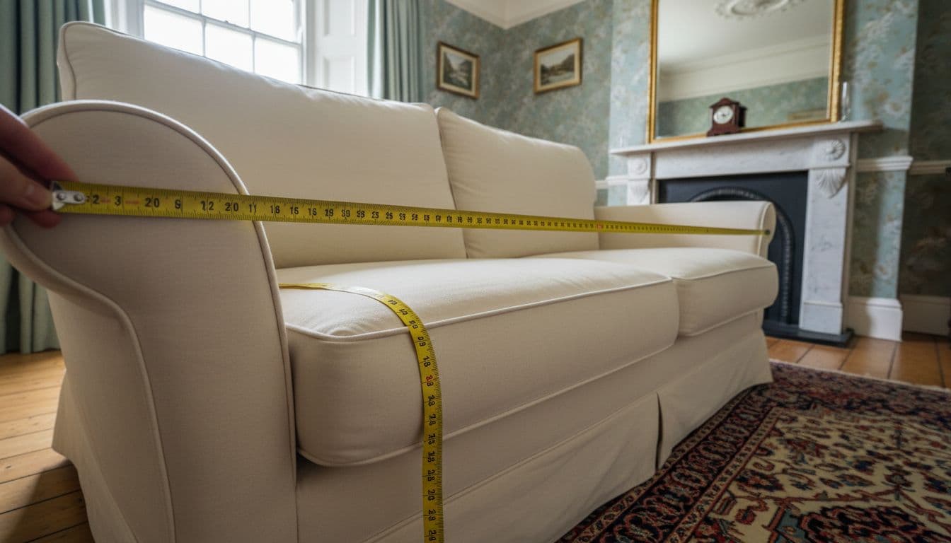 Tape measure extended across slipcovered sofa measuring arm-to-arm width and front-to-back depth in narrow UK lounge.