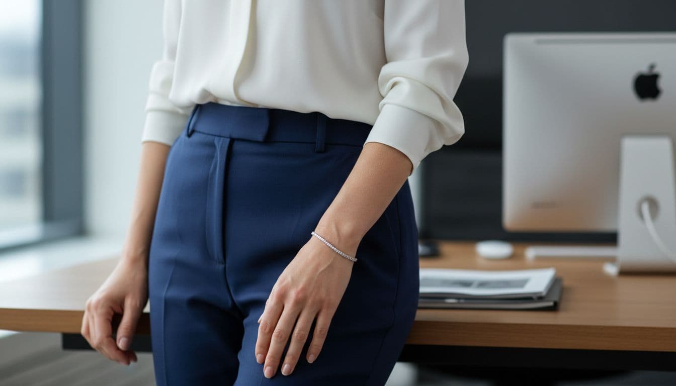 Woman in white blouse and navy trousers rests hand on table, showing tennis bracelet on wrist in office.