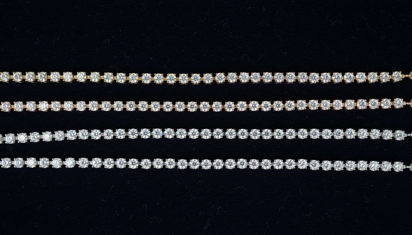 Top-down view shows four diamond tennis bracelets in yellow gold, rose gold, white gold, and platinum on dark velvet.