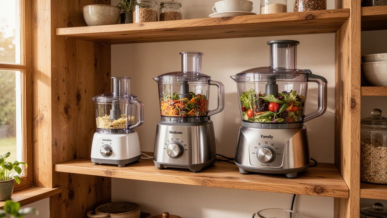 Three food processors in small, medium, and large sizes are arranged on open wooden kitchen shelves in a cozy kitchen setting. Warm natural light from a window illuminates the realistic lifestyle photo, featuring no people, text, logos, or watermarks.