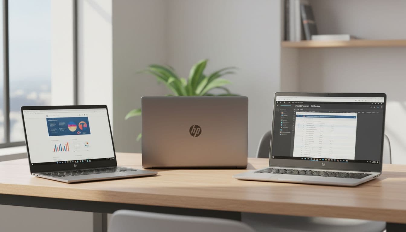 A selection of three modern HP laptops in 13-inch, 14-inch, and 16-inch sizes arranged on a clean wooden desk in a bright home office with natural daylight lighting.