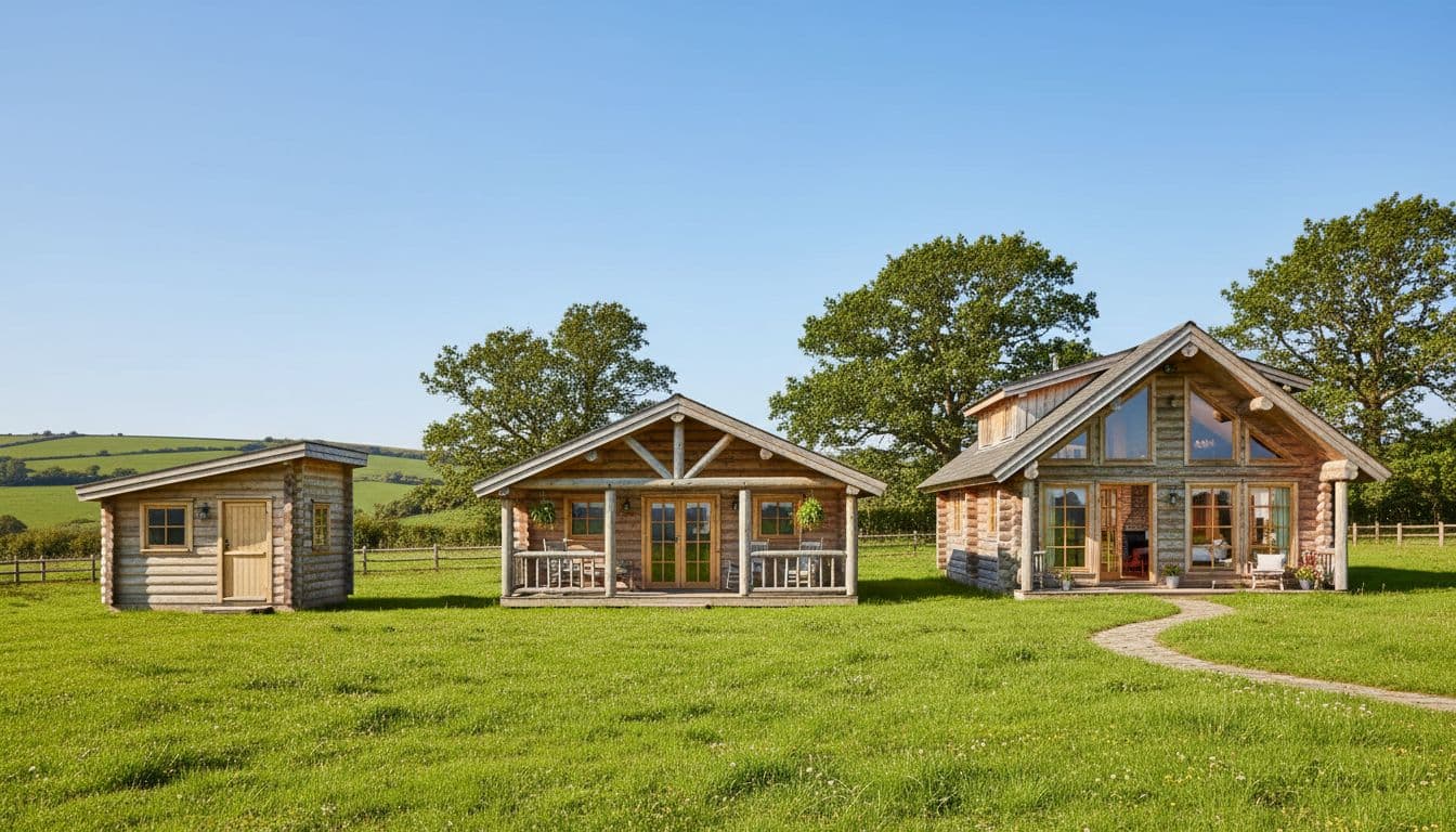 Three log cabins of different sizes in a UK field