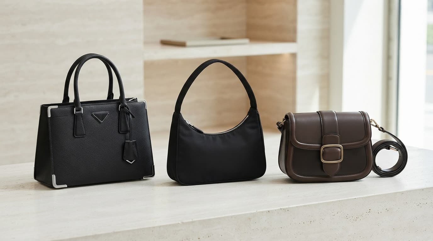 Prada Handbag Review: Styles, Value and Buying Advice for UK Shoppers 2 Three Prada handbags in leather and nylon arranged on a neutral surface.