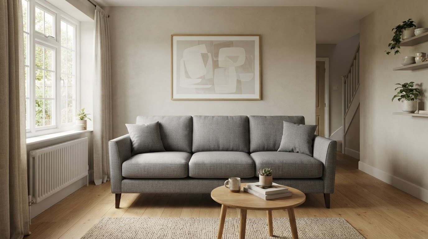 Three-seater sofa with a coffee table in a bright lounge.