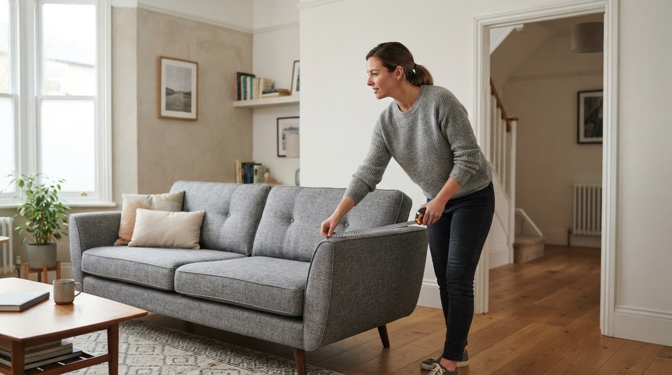 Person measuring a sofa near an open doorway in a bright living room.