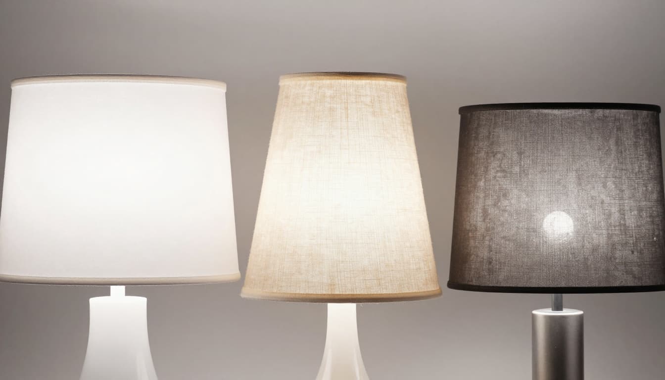 Close-up of three table lamp shades side by side on a neutral grey background: white drum for even light, tapered linen for focused beam, and square metal with pattern for mood lighting.