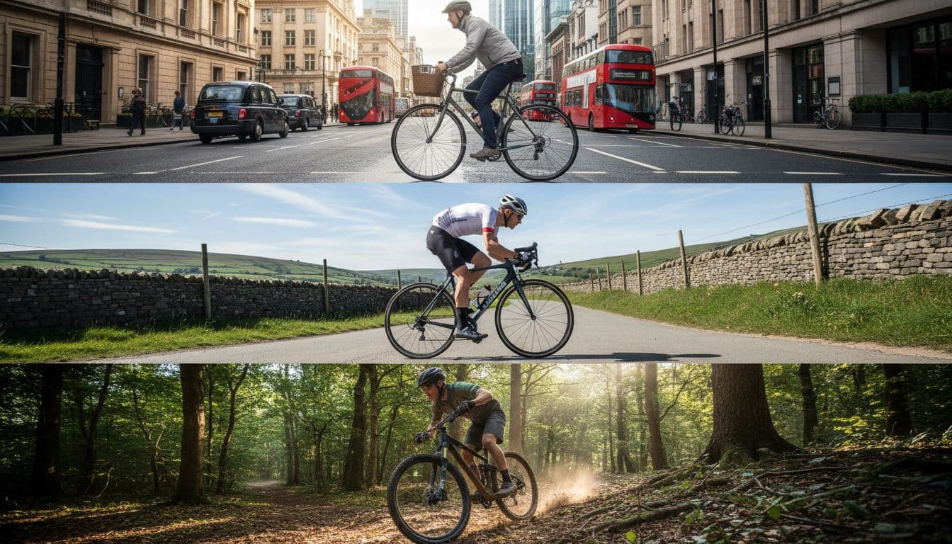 Three cyclists on hybrid, road, and mountain bikes riding through busy city street, quiet country lane, and woodland trail in the UK under sunny daytime lighting.