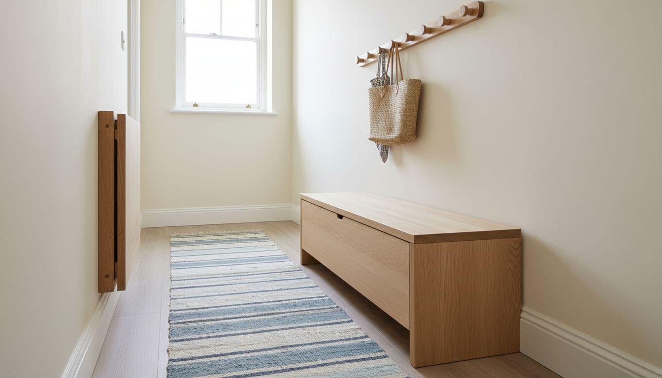 Tiny UK hallway with storage bench and fold-down seat