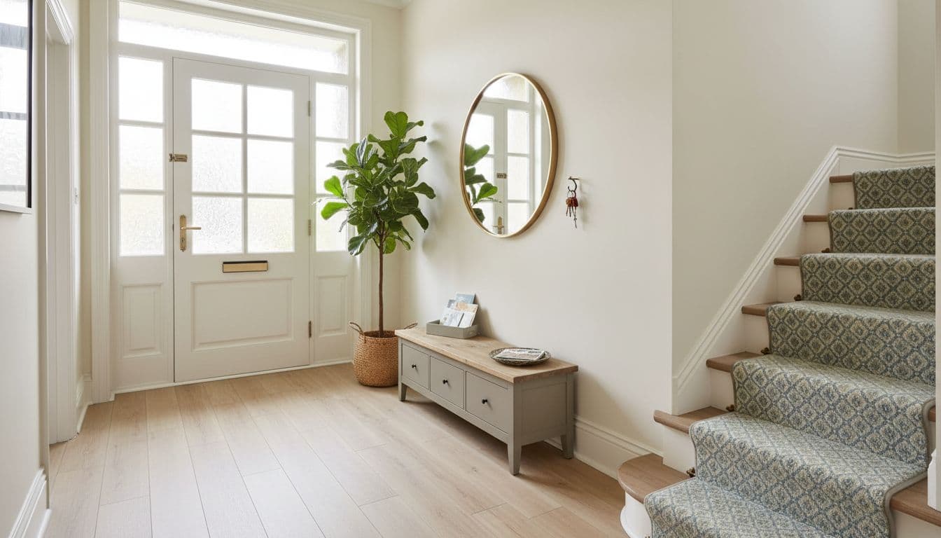 Tiny Victorian terrace hallway with light vinyl flooring, bench and stair runner