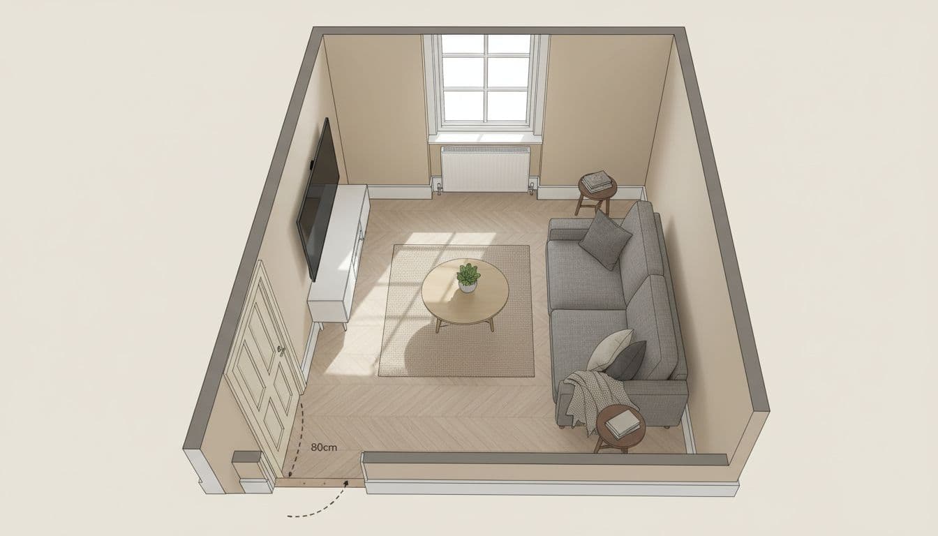 Overhead layout of a tiny Victorian terrace lounge with sofa against the long wall, clear path, and no awkward gaps
