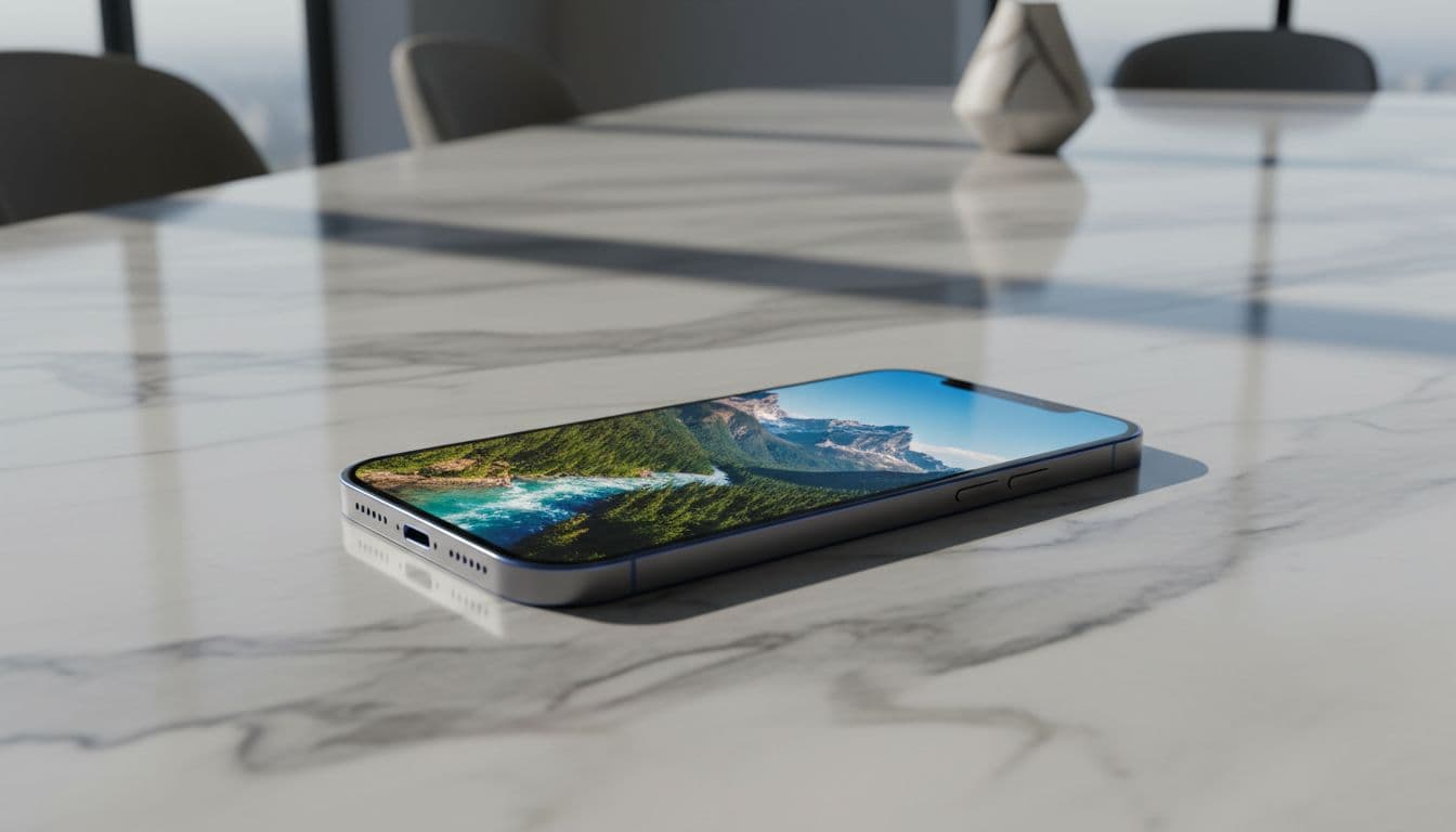 Titanium iPhone 17 Pro Max with blue accents on marble surface in modern office, screen displaying vibrant landscape.