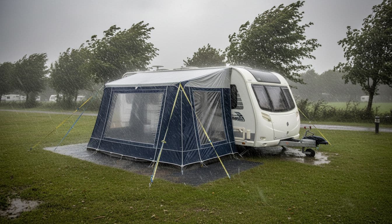 A touring caravan parked at a UK campsite endures heavy rain lashing its awning and wind bending the guy ropes during a storm, captured in realistic photo style with overcast lighting.