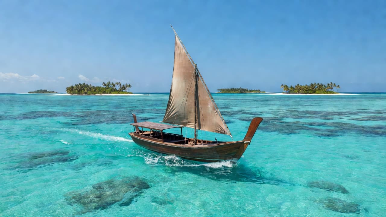 A wooden dhoni boat glides across calm turquoise waters under a clear blue sky. Small tropical islands appear as distant green silhouettes against the vast, bright horizon during a sunny day.