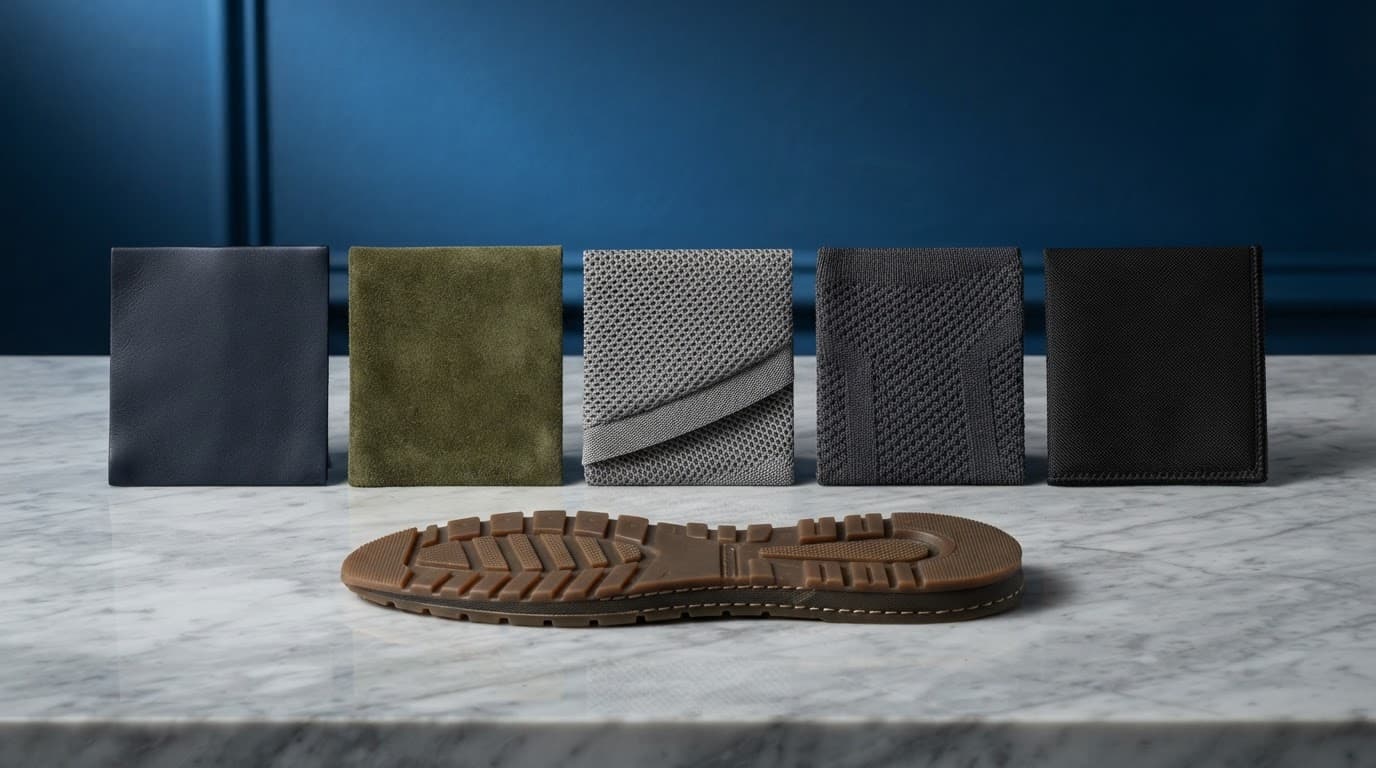 Five trainer materials and a rubber outsole arranged on a polished surface against a blue backdrop.