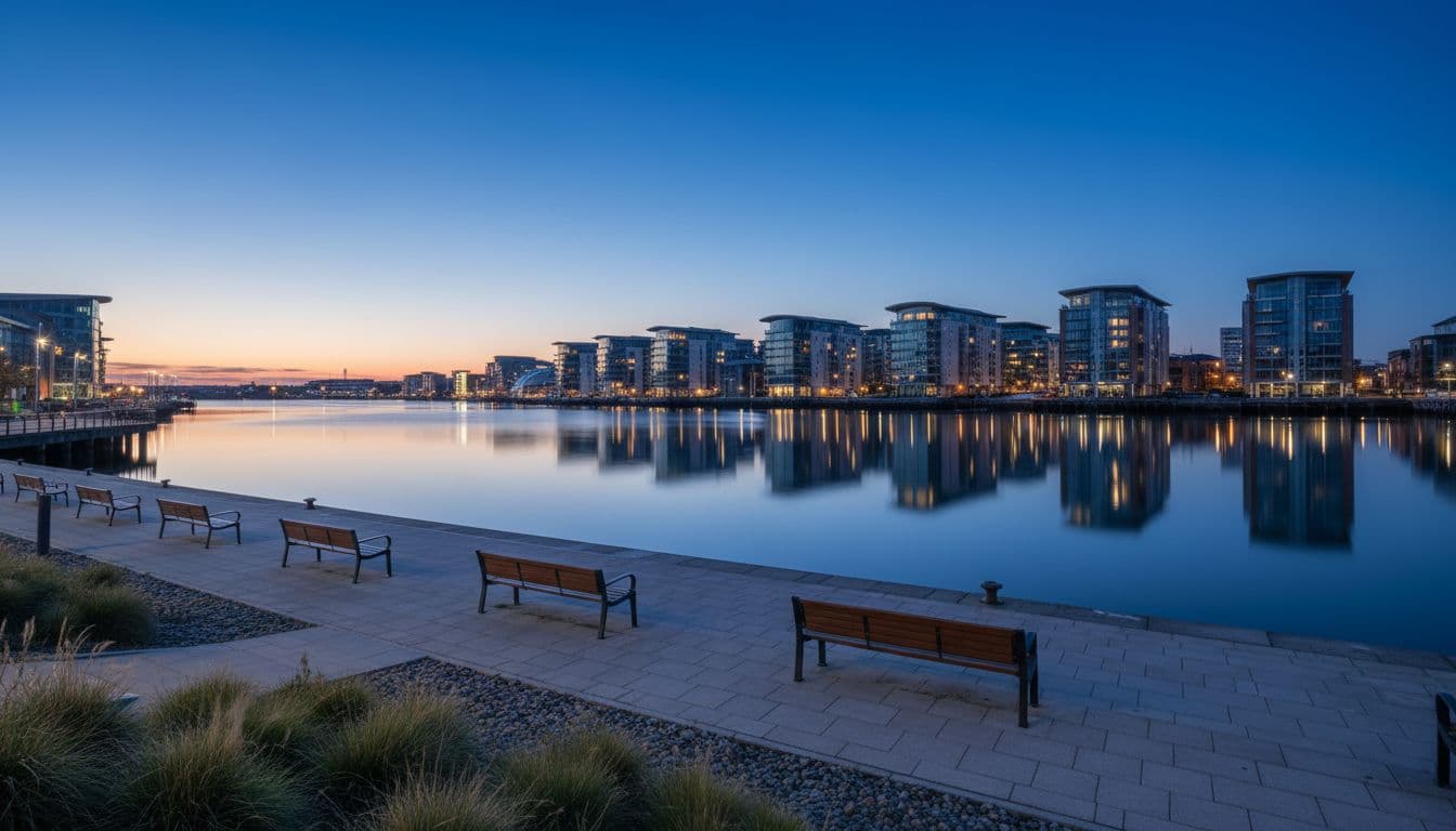 Serene Cardiff Bay waterfront captured at dusk with modern buildings reflected in calm water, benches lining the path under subtle blue hour lighting, evoking a peaceful atmosphere ideal for relaxed waterside stays.