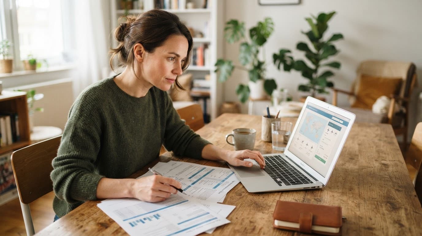 Flights Guide: How to Choose and Book the Right Holiday Flight 5 A traveller reviews insurance documents beside a laptop on a wooden table.
