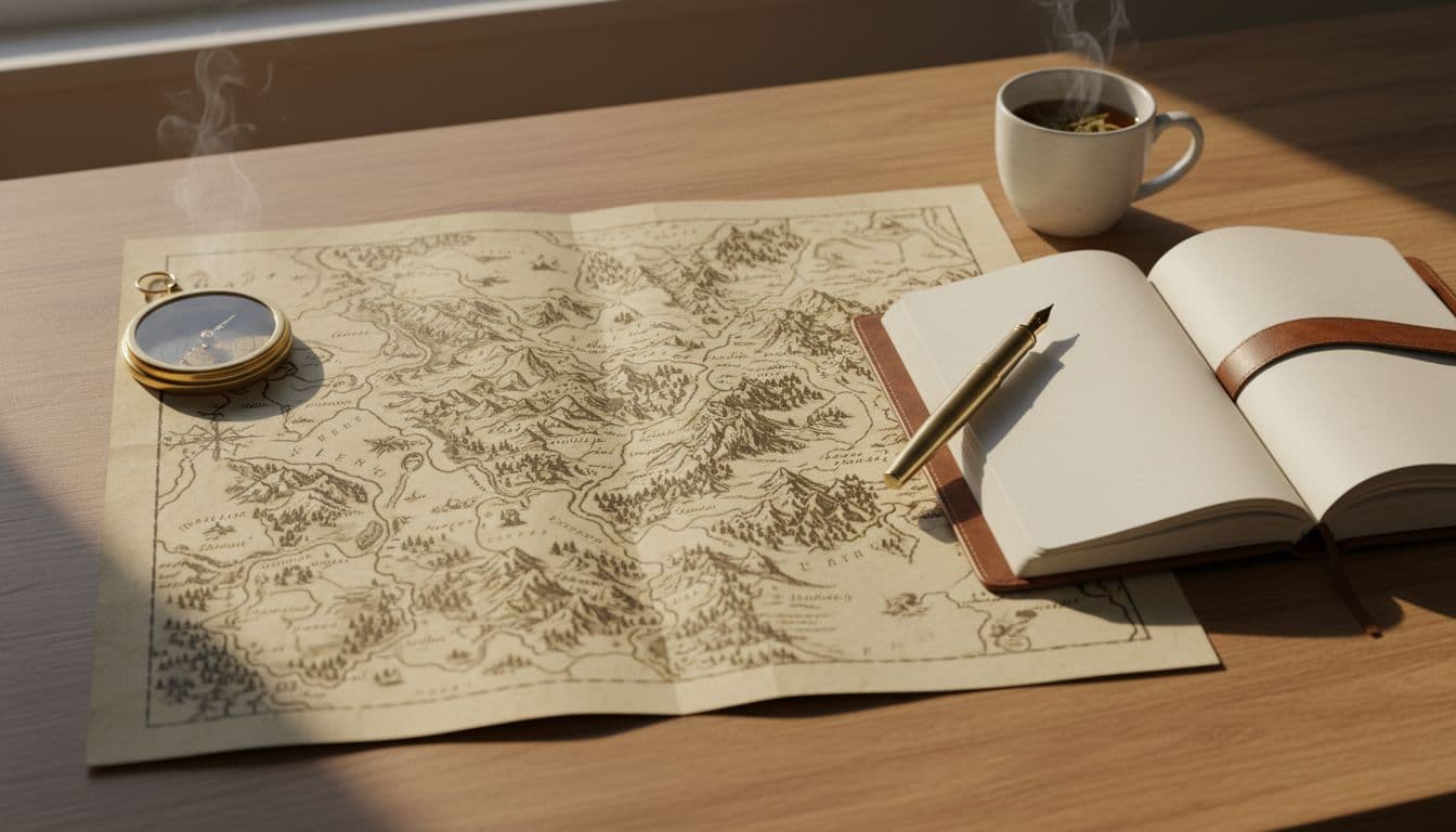 An open paper map, notebook, pen, and compass are arranged on a desk under warm light.