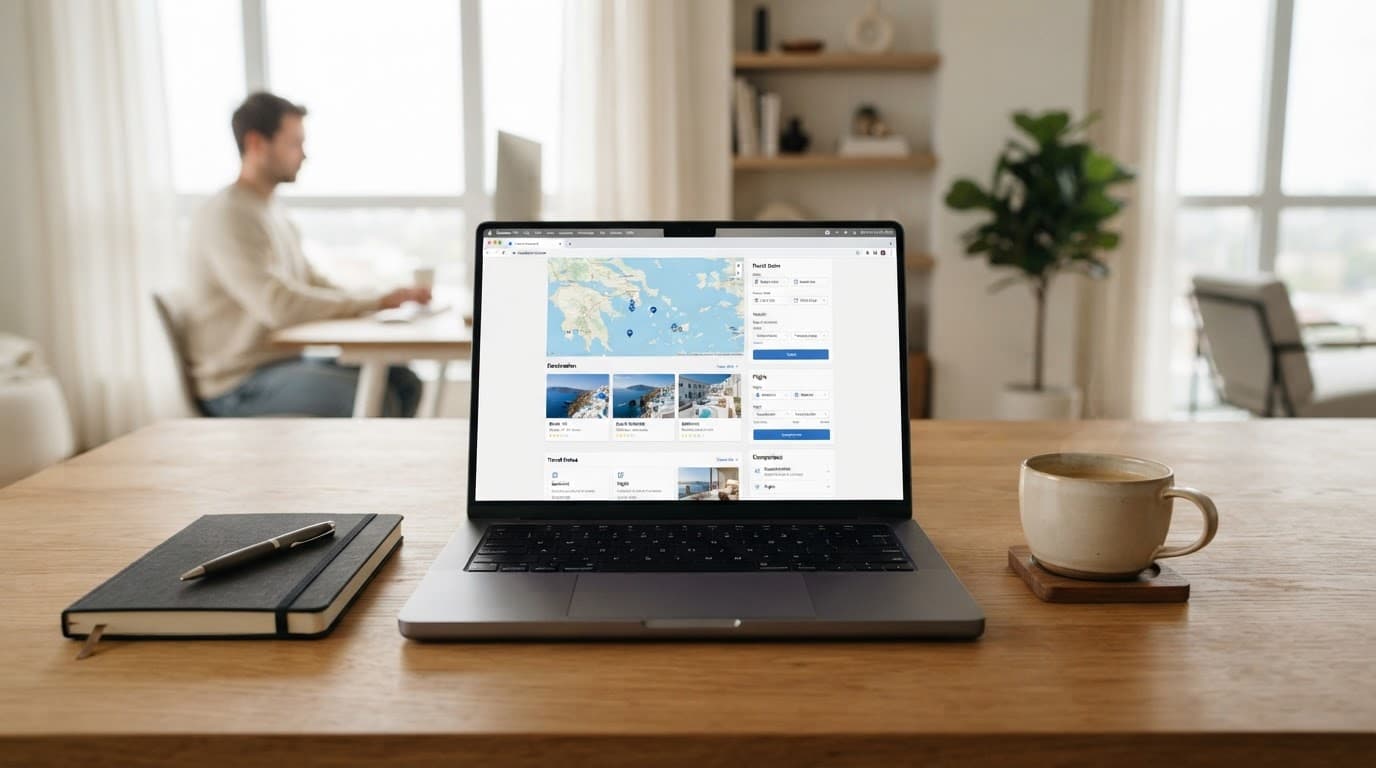 Skyscanner: Compare Flights, Hotels and Car Hire 4 Laptop showing a holiday booking website beside a notebook and coffee cup.
