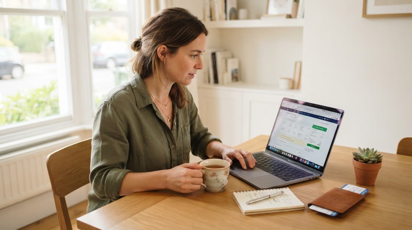 Flights Guide: How to Choose and Book the Right Holiday Flight 2 Traveller reviewing flight booking details on a laptop at a wooden desk.